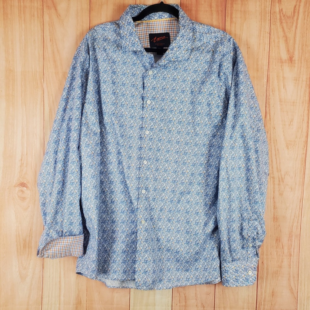 Egara Shirt Men 2XL Blue Floral Print Cotton Stretch Slim Fit Non Iron Button Up
